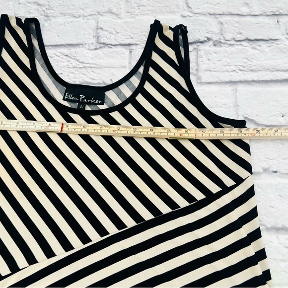 Ellen Parker L Tank Maxi Dress Black and Tan Striped Asymetrical Chiffon Trim - Picture 6 of 8
